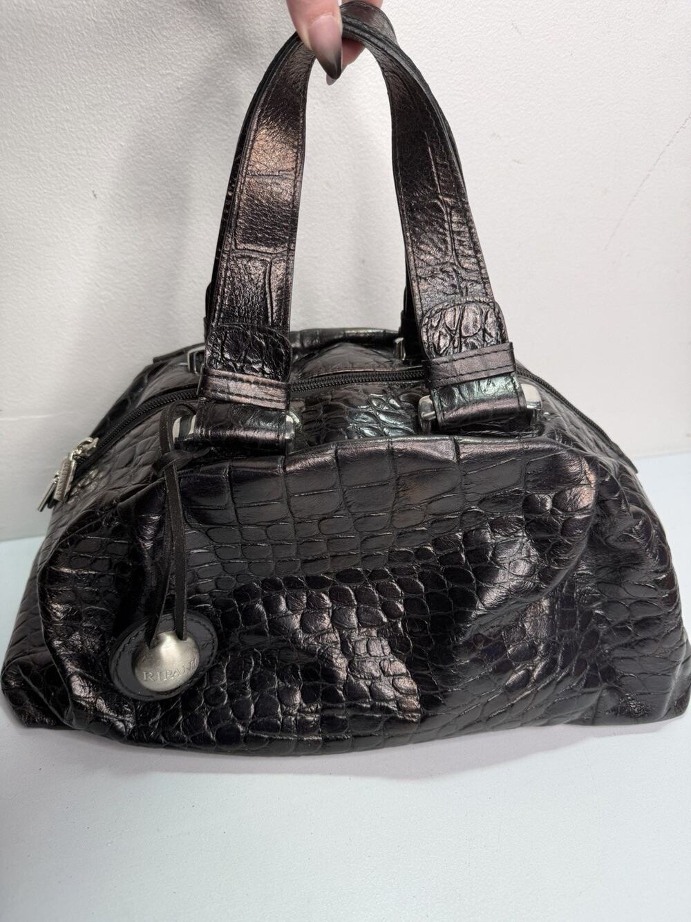VTG Ripani Croco Brown Metallic Leather Handbag Bag Purse Italy Top Handle